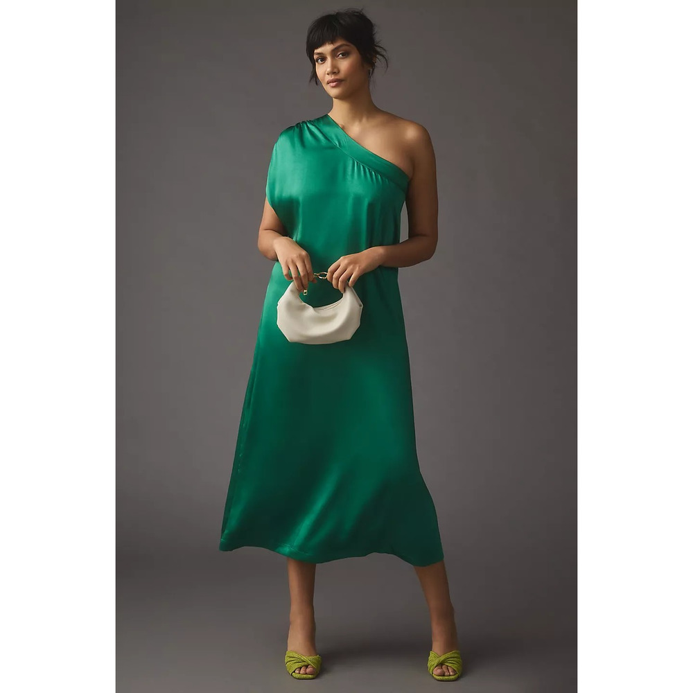 NWT Porridge One-Shoulder Dress SATIN $160 PLUS 1X Green ; fits more like 2x